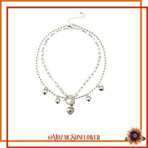 Silver Double Chain Choker With Heart Charms Toggle Clasp